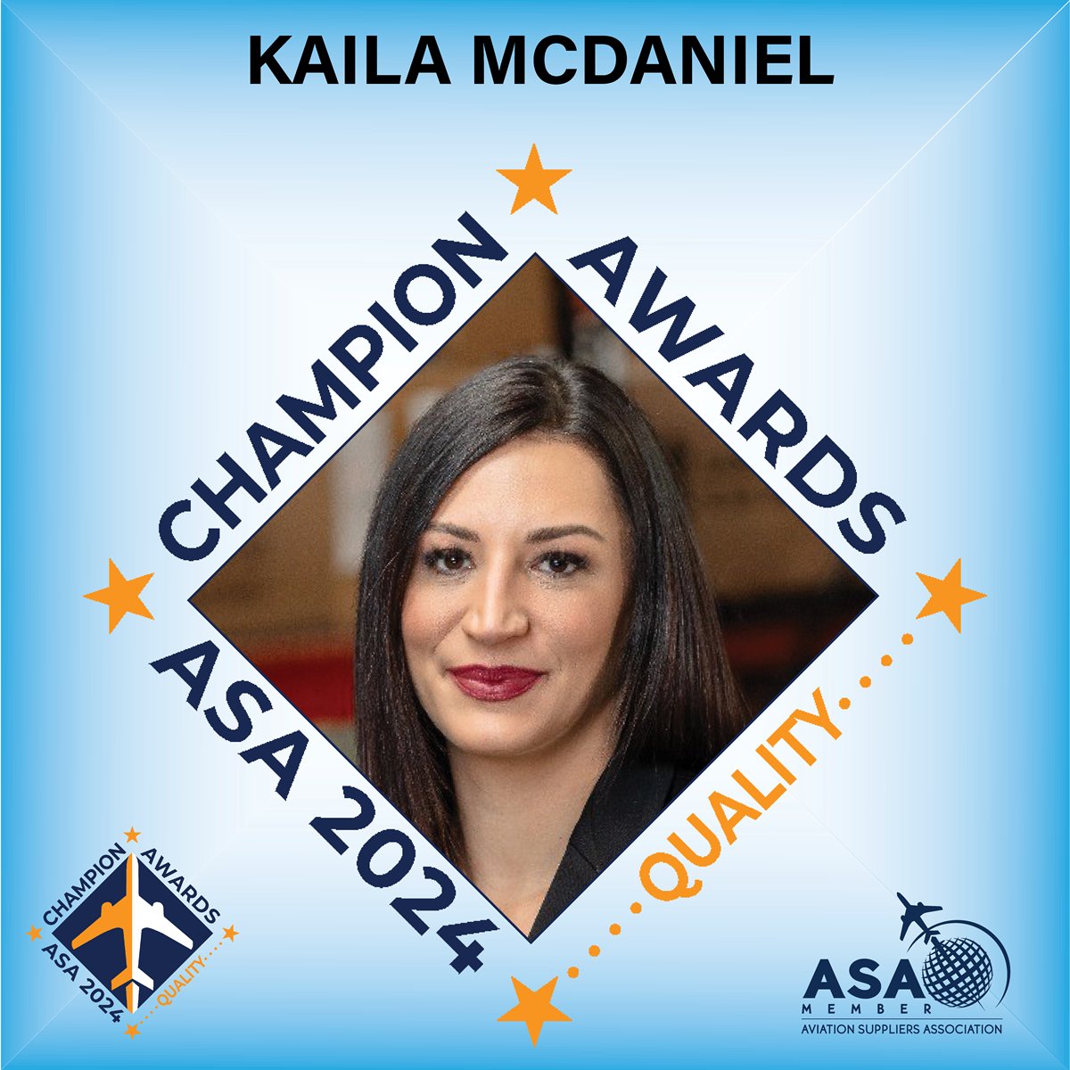 #ASAMembers voted Kaila McDaniel of #Aero-Zone, Inc. the 2024 #ASAChampion of Quality. Kaila was recognized by colleagues for leading the quality &amp; operations dept., starting as QC administrator &amp; developed into Director of Ops. Never losing sight of the importance of #quality.