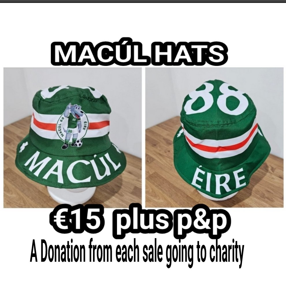 Macúl bucket hats 
A donation from each sale will go to charity 🇮🇪☘️⚽️

PLEASE MAKE SURE YOU CHECK THE SIZING BEFORE ORDERING

Use the link below to order 
( Make sure you fill out all the details) 👇
app.teamfeepay.com/s/1lJDnibzvv