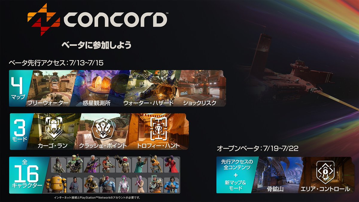 PlayStation_jp's tweet image. PS5®『CONCORD』（コンコード）ベータ版をプレイするために必要な情報をチェック！

❗ PlayStation®Plus加入者もアーリーアクセスからプレイ可能に！
🚀 事前ダウンロードの方法と詳しい開催期間
🖥️ PC版スペック要件など

詳しくはこちら⇒ bit.ly/3zAfoxA

#CONCORD