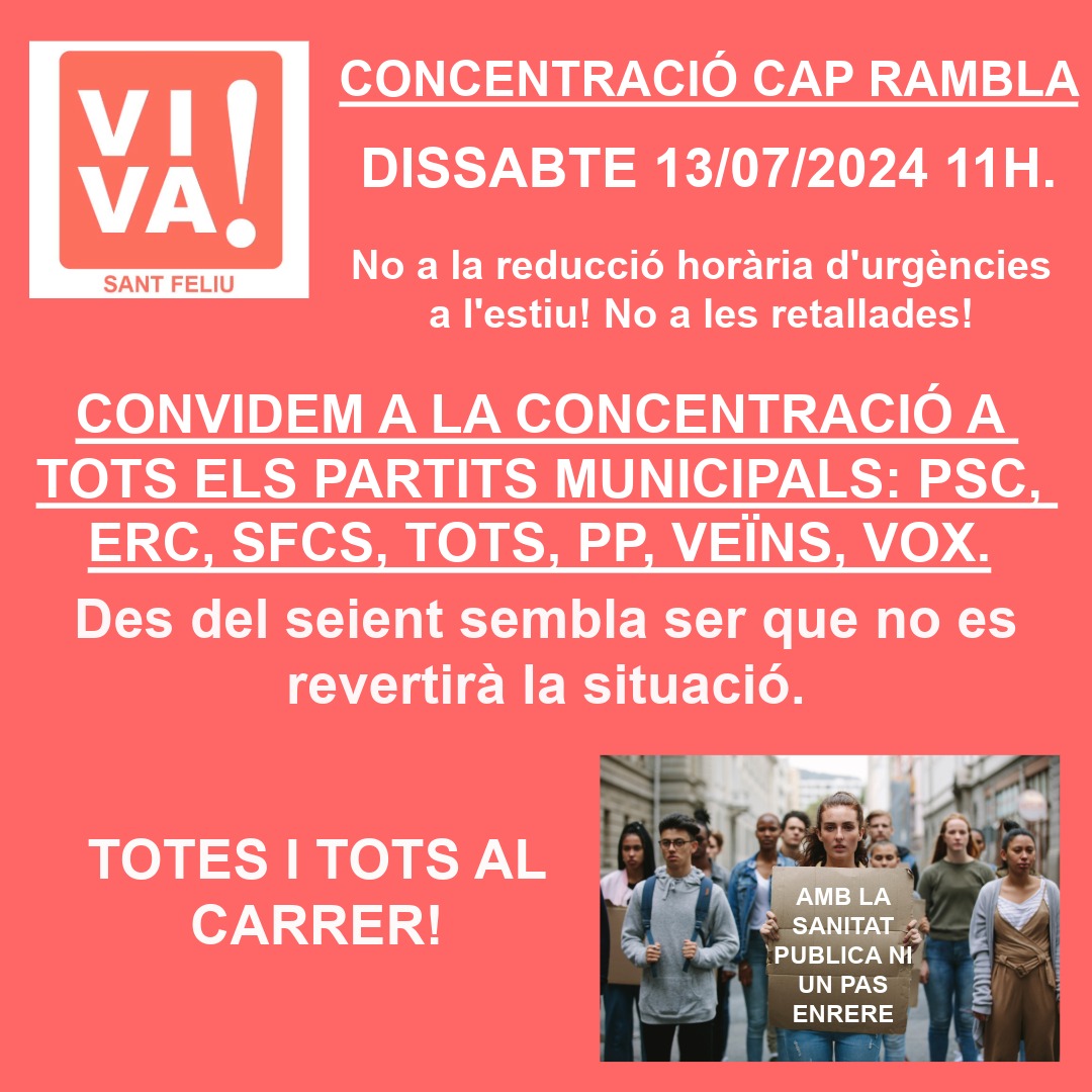 CONVIDEM a la concentració a tots els partits municipals!!
#santfeliudellobregat #santfeliu
<a href="/PSCSantFeliu/">PSC Sant Feliu de Llobregat</a> <a href="/santfeliuencom1/">Sant Feliu en Comú</a> 
<a href="/Radio_SantFeliu/">Ràdio Sant Feliu</a> 
<a href="/fetasantfeliu/">Fet a Sant Feliu</a> 
<a href="/totssomsf/">TOTSsomsantfeliu</a> 
<a href="/VeinsPsf/">Veïns per #SantFeliu</a> 
<a href="/PPSantFeliu/">PP | Sant Feliu de Llobregat</a>