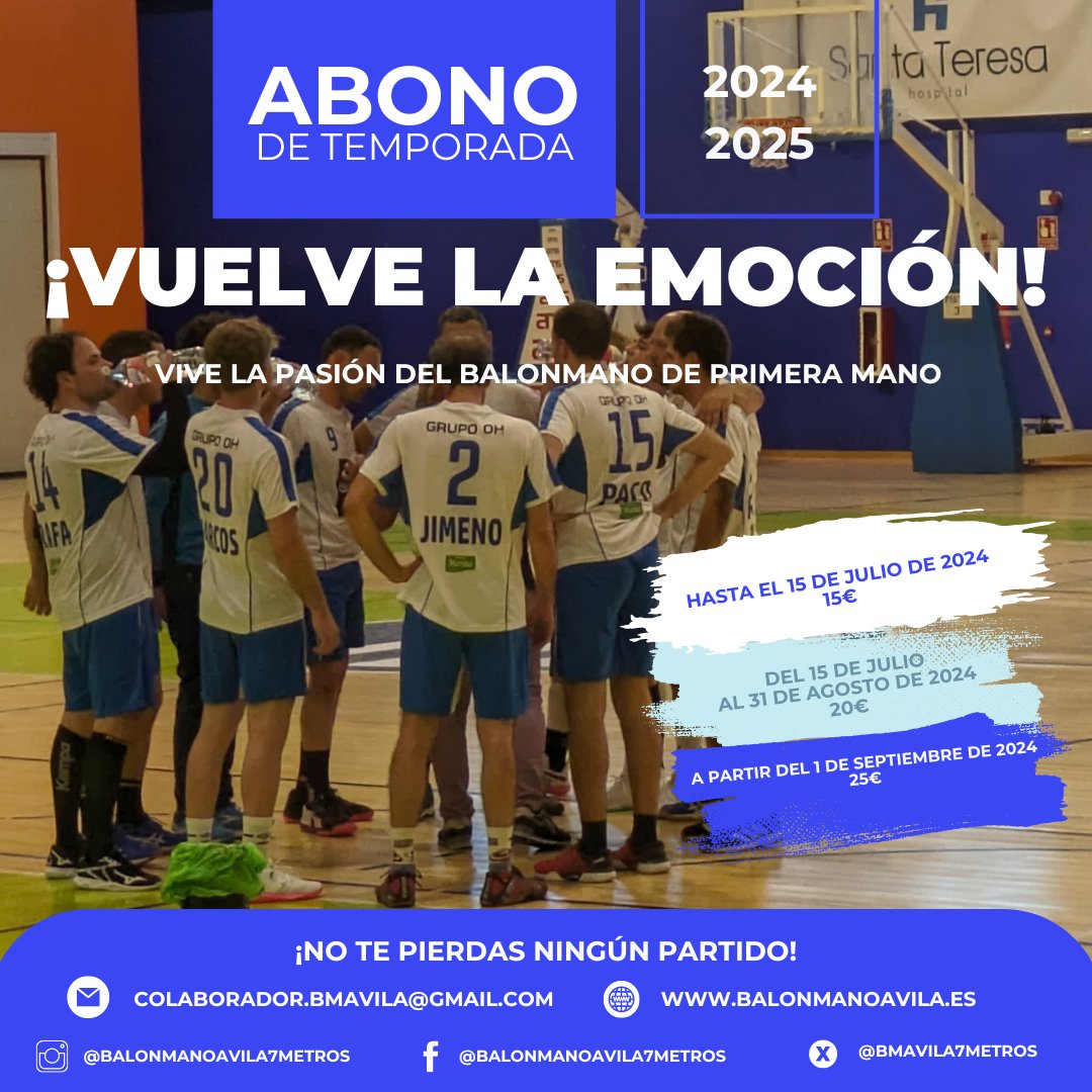 bmavila7metros's tweet photo. Vive con nosotros la temporada 2024/25 y sigamos escribiendo un nuevo capítulo de nuestra historia 😀

Onyx Solar BM Ávila te invita a ser parte de nuestra excitante temporada 🤾🏻‍♀️

📝https://t.co/JCQKwWqXru

Esta temporada, sé parte de CD Balonmano Ávila 🤍💙

#BalonmanoÁvila https://t.co/EH1YPcy9Bm