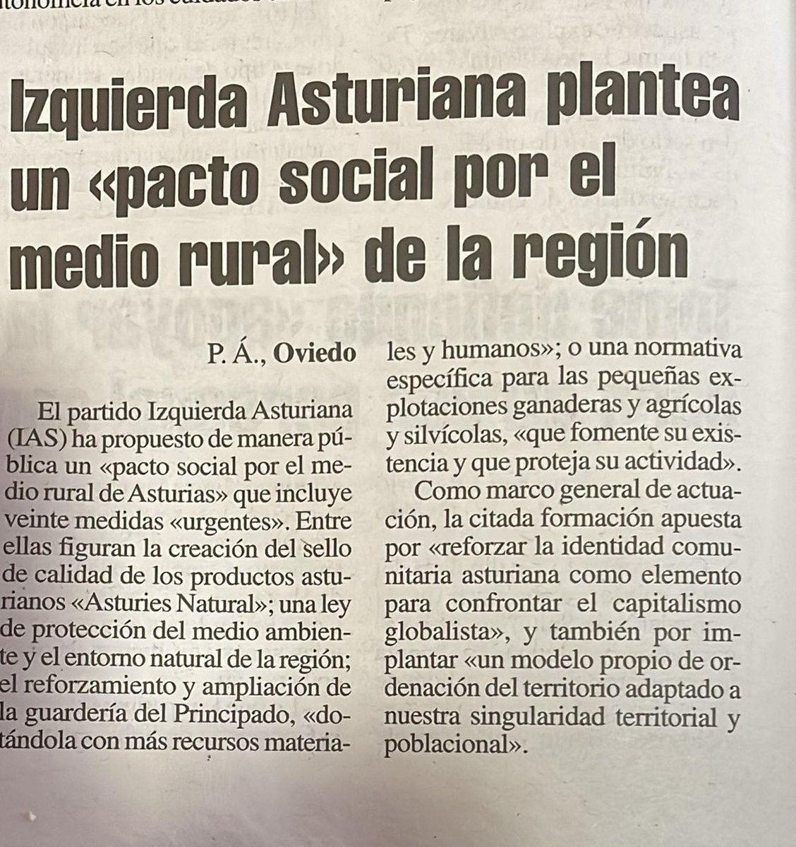 IAS presentó un documentu coles sos propuestes pa un Pautu Social pal mediu rural asturianu de cara a la negociación de <a href="/CxAsturies/">Convocatoria Por Asturies</a> cola <a href="/FSA_PSOE/">FSA-PSOE</a>  nel marcu de los alcuerdos de gobiernu