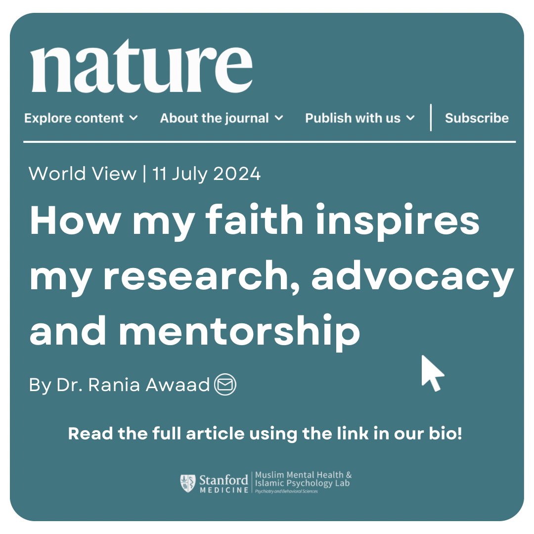 Muslim Mental Health & Islamic Psychology Lab (@stanfordmmhip) on Twitter photo New publication alert! Congratulations to our lab director <a href="/DrRaniaAwaad/">Dr. Rania Awaad</a> for her piece in Nature discussing how mentorship, research, and faith are connected. New publication alert! Congratulations to our lab director <a href="/DrRaniaAwaad/">Dr. Rania Awaad</a> for her piece in Nature discussing how mentorship, research, and faith are connected.