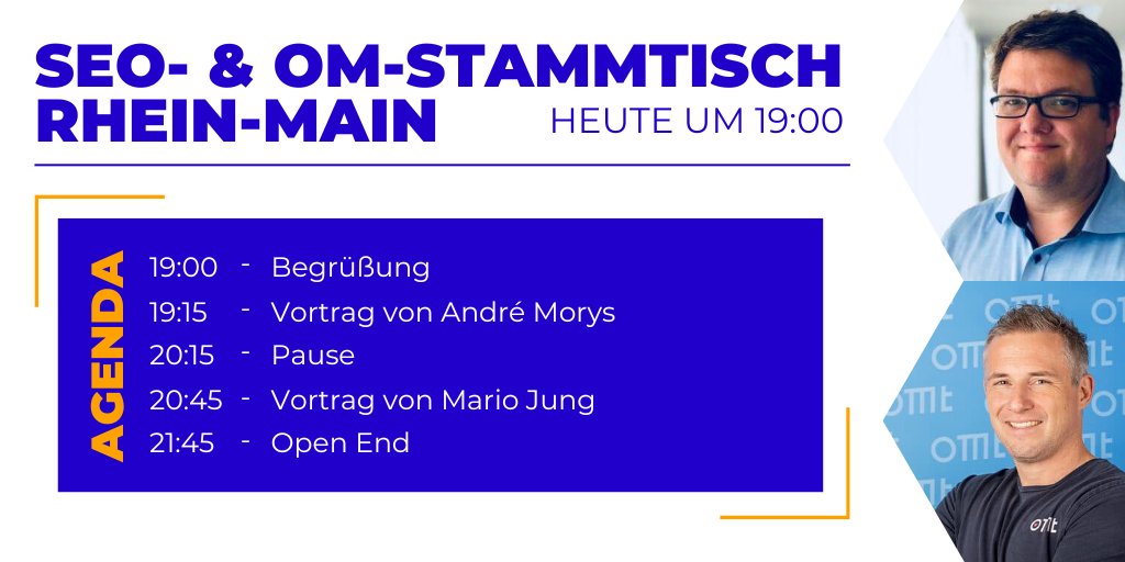 Nicht vergessen: heute findet der SEO- &amp; OM-Stammtisch in Darmstadt statt! 👇🏻

Mit dabei sind 2 spannende Vorträge von Mario Jung und André Morys🚀
Wir treffen uns um 19:00 Uhr im Theater im Pädagog!

Du bist nicht angemeldet? Kein Problem, komm gerne spontan vorbei!

#darmstadt