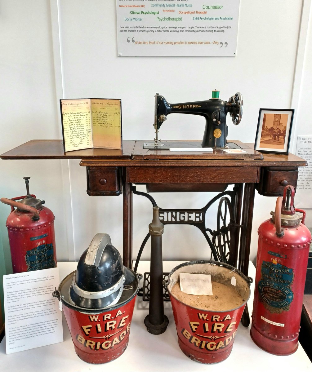 MHMwakefield's tweet photo. #MHM50 week 31: Singer sewing machine. Familiar to many of us, sewing machine's such as this one were used at hospitals like #StanleyRoyd to make and maintain clothing for the site. The black & white photo shows the sewing room at #HighRoyds, Menston with staff & patients working https://t.co/evEDD1Hog6