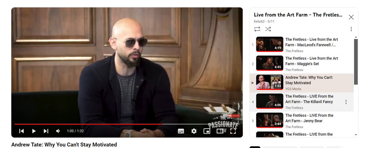 Why is <a href="/YouTube/">YouTube</a> actively promoting the misogynist extremist Andrew Tate to me while I'm trying to listen to folk music?