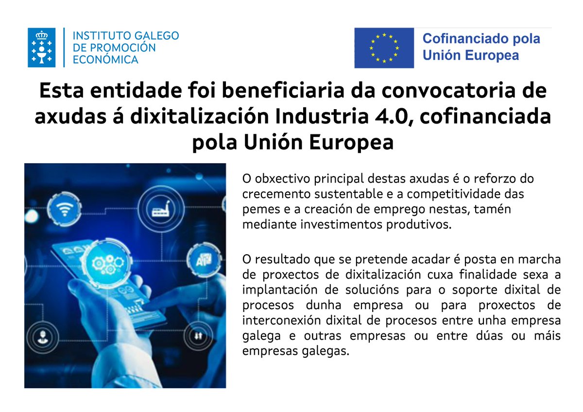 RedTrasStorage's tweet image. Nos complace anunciar que hemos recibido una subvención para la digitalización de nuestra empresa dentro del programa “Ayuda a la digitalización Industria 4.0”, cofinanciado por la Unión Europea y gestionado a través del Instituto Galego de Promoción Económica (IGAPE).