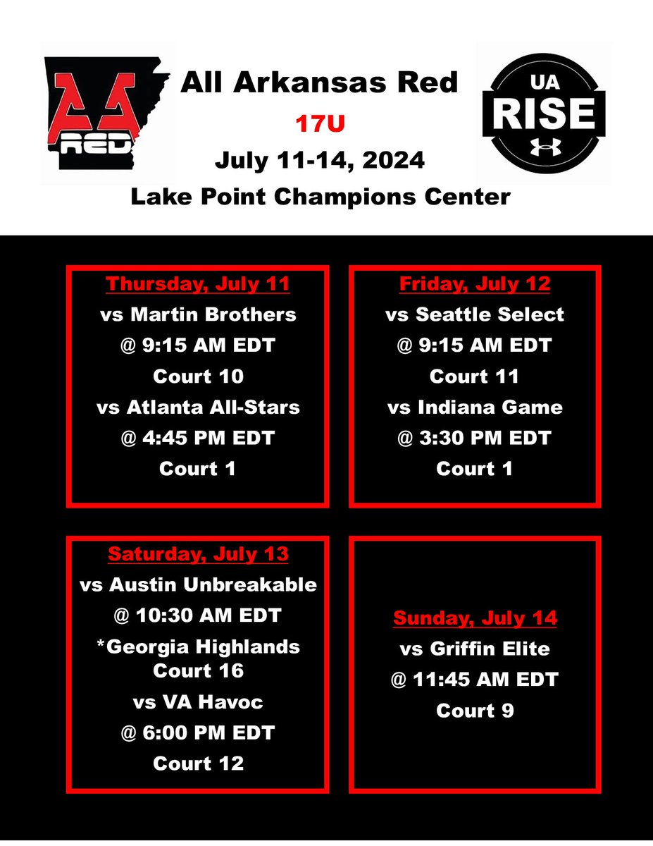 My schedule for this week's UA Rise Session 2