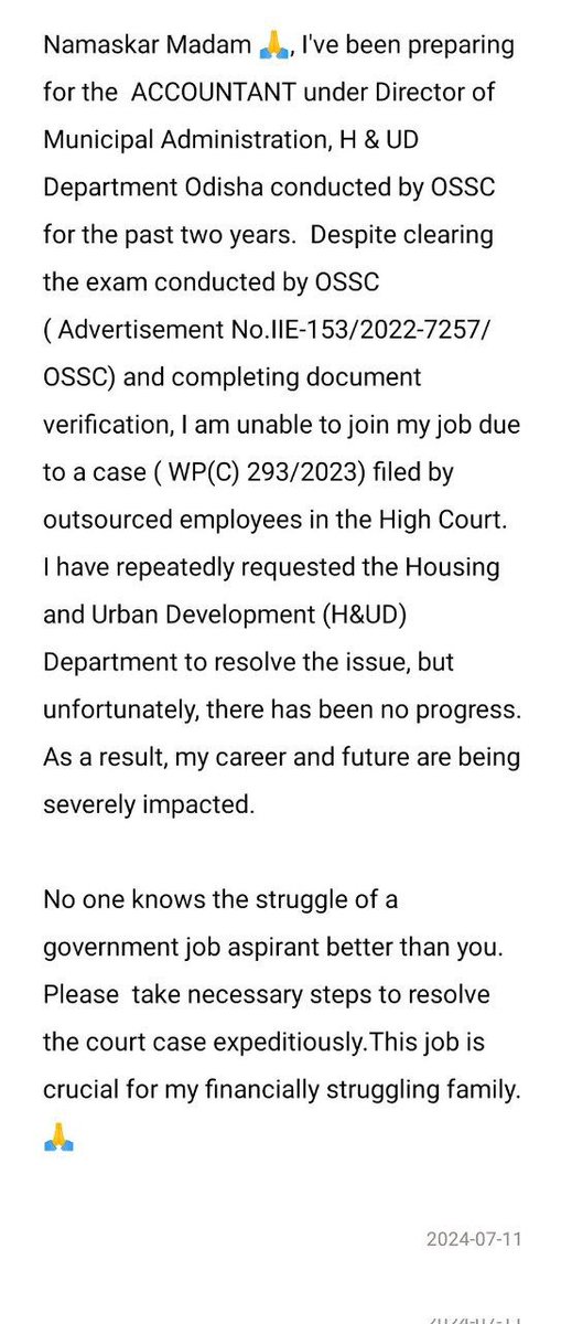 sahoo_bikash2's tweet photo. @ushapadhee1996  Namaskar 
 Madam 🙏 I got to know that you've joined H&amp;UD  as secretary. This news brings a ray of hope bcz due to negligence in the H&amp;UD dept, 65 govt job aspirants like myself have been unable to start our jobs. Please take prompt action to resolve the issue.🙏 https://t.co/LGQPClcUQH
