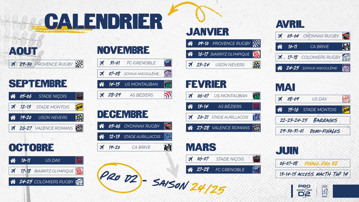 Le tant attendu calendrier 24/25 de <a href="/rugbyprod2/">Rugby PRO D2</a> est enfin sorti avec un programme copieux d’entrée pour <a href="/agen_rugby/">Agen Rugby - SUA LG</a> ! Hâte de démarrer cette nouvelle saison ⚪️🔵