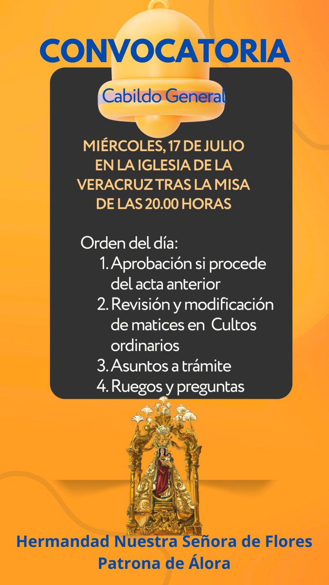 📢✨ ¡Atención Hermanos de la Virgen de Flores! ✨📢

📅 Próximo miércoles 17, después de la misa de la Veracruz, tendremos nuestro Cabildo General. 🙏🌸

🕔 ¡No faltes! Es un momento importante para todos nosotros. 🙌💒

#VirgendeFlores #PatronadeAlora #Alora #Cultos2024 💖🌼