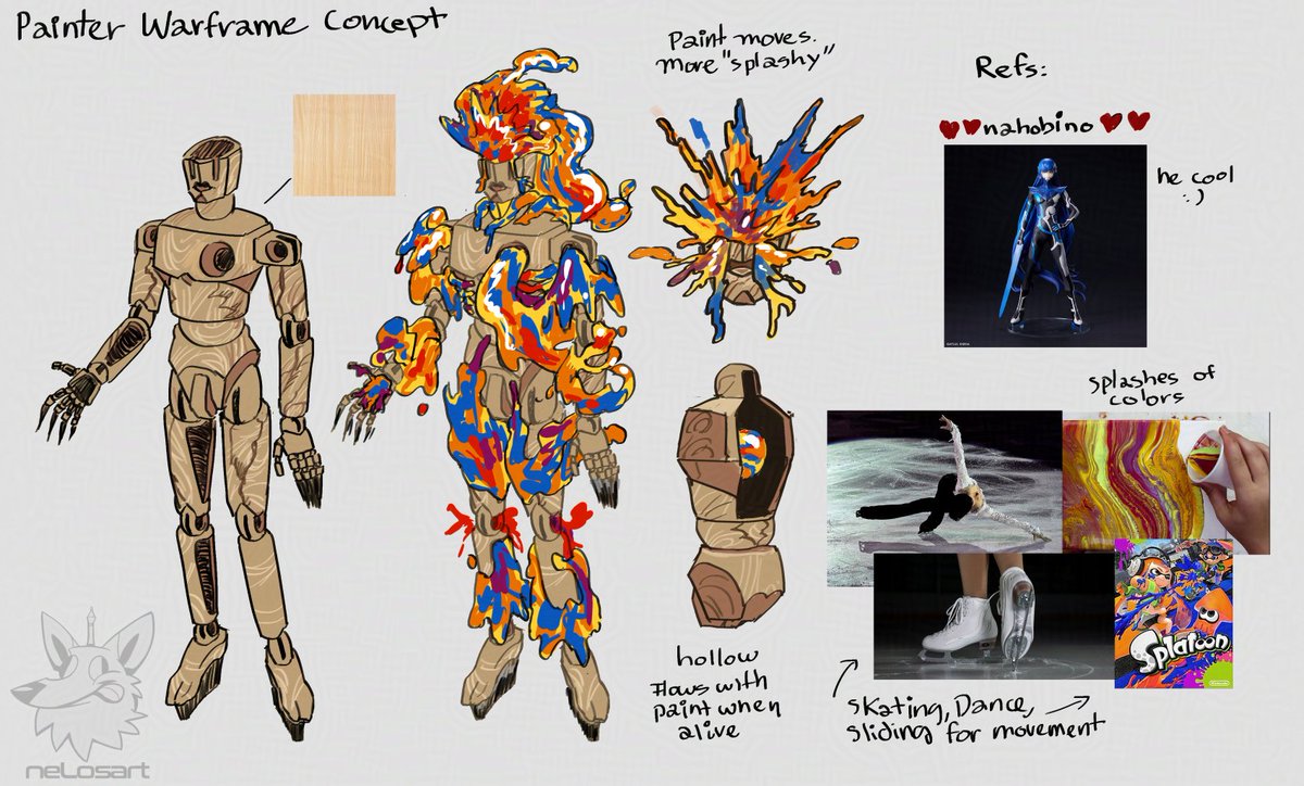 Nelosart's tweet image. painter frame idea i had. 

Not set with the paint-armor yet. Is basically an empty doll, paint fills em and brings em alive. 

#warframe #warframefanart