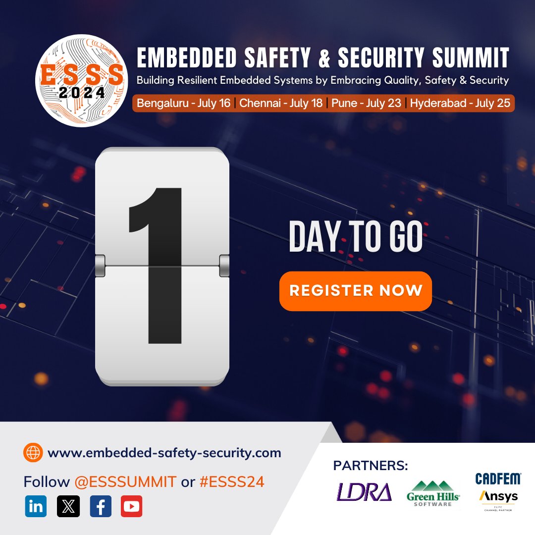 ESSSUMMIT's tweet photo. 🚨Tomorrow is the big day! The Embedded Safety and Security Summit 2024 starts soon - are you ready? Don't miss out on the chance to connect with industry leaders, explore emerging trends, and shape the future of embedded systems. For more info - https://t.co/oi8puxgsO2.
#ESSS24 https://t.co/PFhy0tQ2IH