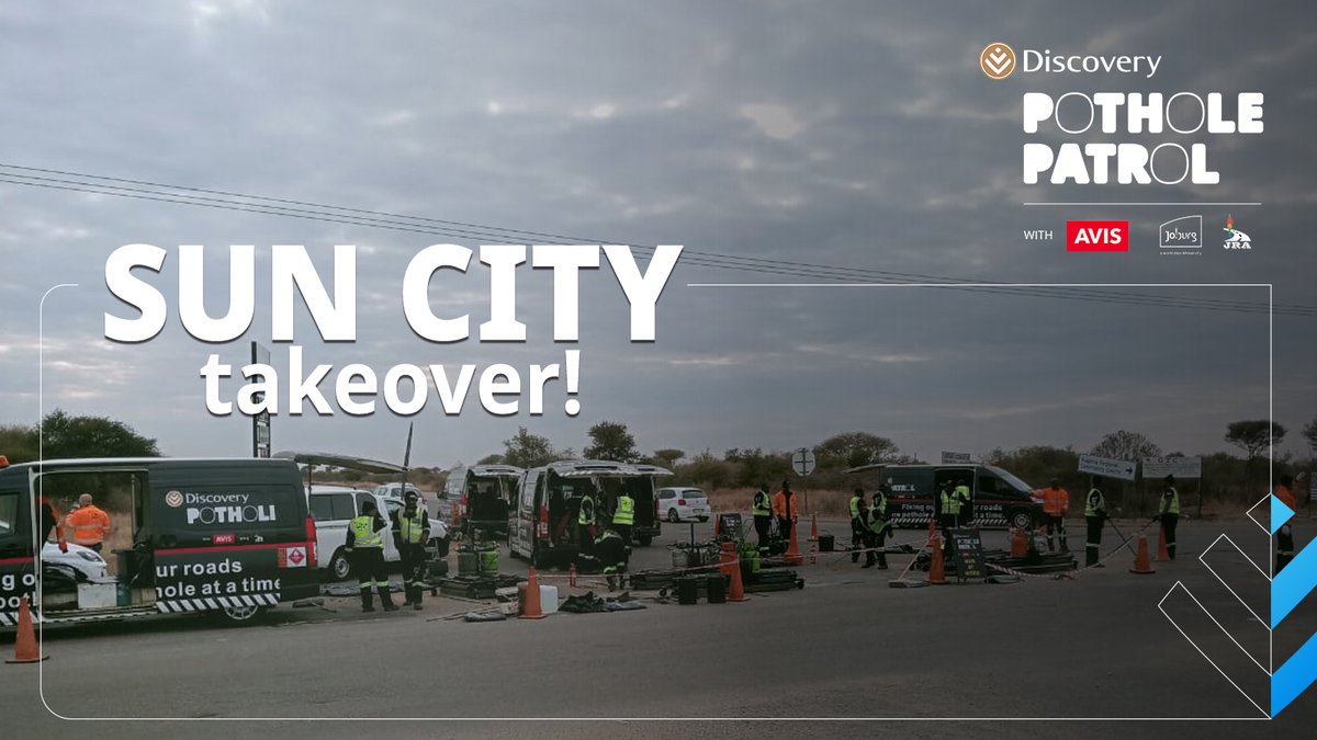 Discovery_SA's tweet photo. The Discovery Pothole Patrol team with @Avis, made 70 km of road smoother for Sun City residents and those attending the Discovery Limited Actuarial Conference. Which sporting event or conference should they go to next? Let us know using #BetterWithDiscoveryInsure https://t.co/yLwrAwSSEH
