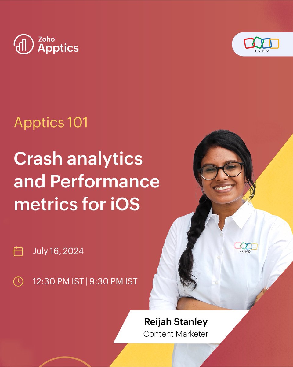 📣 Upcoming #webinar alert: Join us on July 16th, for a FREE session on " Crash analytics and performance metrics". Learn app health and performance optimization using Apptics. 
Don't miss out! Register now - zoho.to/UOd
#iosdev  #androiddev #Flutter #developers