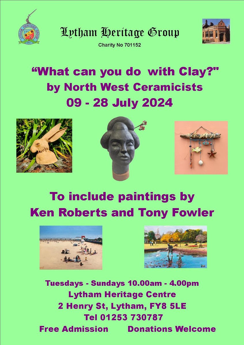 LythamArchives's tweet photo. Come down to #LythamHeritage Centre between 9-28 Jul to see their latest exhibition "What can you do with Clay" by North West Ceramicists. Paintings from Ken Roberts and Tony Fowler are also on show. Open Tues-Sun 10-4. https://t.co/bduzViCfnG