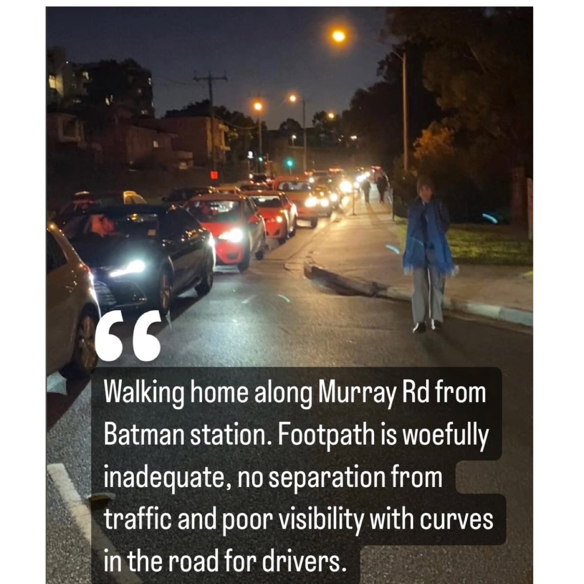 hs4coburg's tweet photo. Text to #AliMoore #ABCMelbourne Drive from someone doing the scary #MurrayRd walk during the segment on Murray Rd danger. 

Note the dangerous #NewlandsRd sliplane with no crossing.

(We wouldn’t have to do the walk of danger if #526 bus ran at night) https://t.co/hCP727mohx