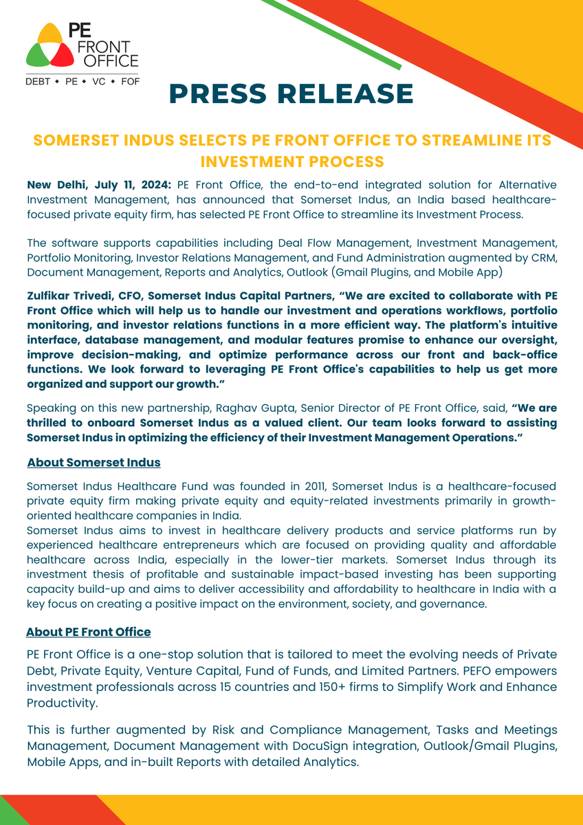 pefrontoffice's tweet photo. We're thrilled to announce that @Somerset_Indus , a prominent healthcare fund in India, has chosen PE Front Office to enhance its alternative investment process.
#SimplifyWork #EnhanceProductivity #privateequity #venturecapital #privatedebt #fundoffunds #alternativeinvestments https://t.co/xnrsPDFjDT