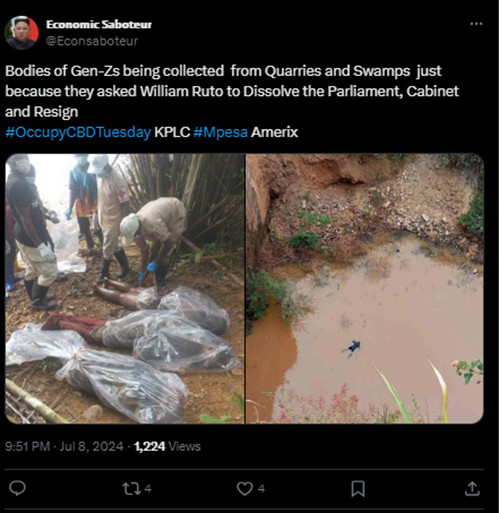 MediaObserverK's tweet photo. Claim: Bodies of Gen Z protesters found in quarries and swamps after #occupyparliamet demonstrations.
Fact Check: one of the images as shared is not from Kenya.
Verdict: Misleading content.
Summary: The first image shared by @Econsaboteur, showing bodies purporting to be of victims killed by police in Kenya after the protests was initially shared by a suspected Islamic militant group in North Kivu province, Democratic Republic of Congo (DRC). Several articles covered the incident, including one by Open Doors, an organization dedicated to supporting persecuted Christians worldwide, which published the story on June 13.
It is alleged that the victims were were murdered because of their Christian faith, However, the second photo shows the body of a Kenyan student who went missing after the anti-finance bill protests.
Over the past three weeks, Kenyans have been protesting against the #Financebill2024 and the government. During these demonstrations, there have been instances of police brutality and abductions.
@MediaCouncilK @CCommissionKE @BarazaLab
@AfricaCheck_KE @debunkdotmedia @PesaCheck
@UnescoEast @FECoMo_Kenya
