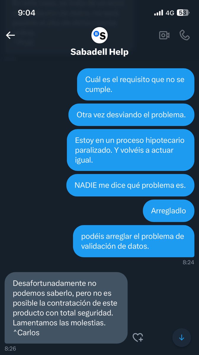 alberto_fff's tweet photo. Último mensaje respondido a las 8:26. Son las 9 y nadie responde ni se les espera. Pero lo mejor es la respuesta: “no podemos saberlo”. ¿Departamento de sistemas NO PUEDE SABER qué requisito no se cumple en la validación de datos? En plena era de BIG DATA, venga por favor. https://t.co/MgheVwE7bc