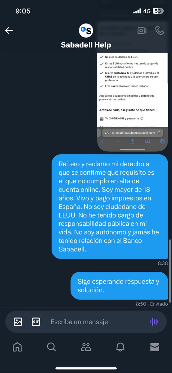 alberto_fff's tweet photo. Último mensaje respondido a las 8:26. Son las 9 y nadie responde ni se les espera. Pero lo mejor es la respuesta: “no podemos saberlo”. ¿Departamento de sistemas NO PUEDE SABER qué requisito no se cumple en la validación de datos? En plena era de BIG DATA, venga por favor. https://t.co/MgheVwE7bc