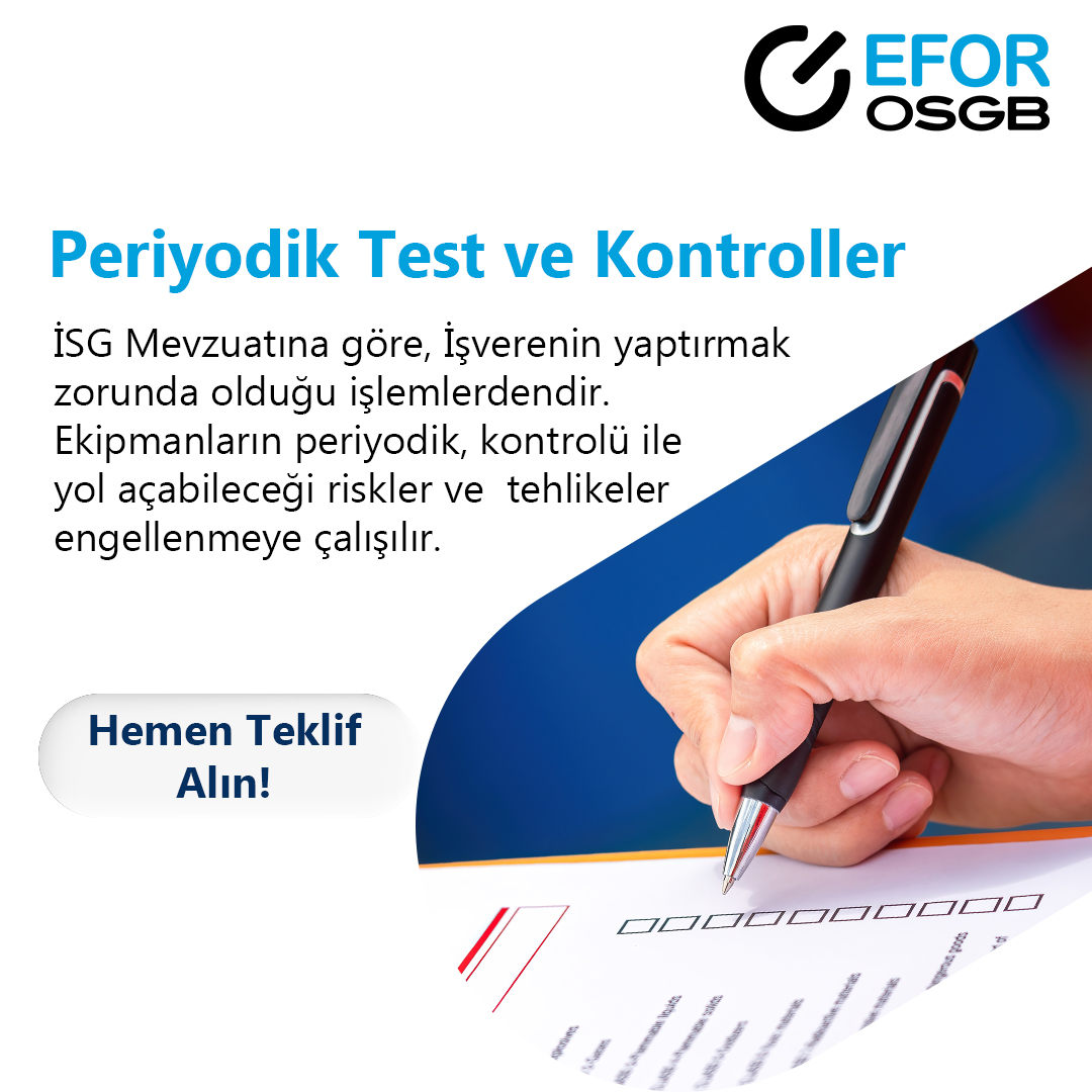 İSG Mevzuatına göre, İşverenin yaptırmak zorunda olduğu işlemlerdendir.
Ekipmanların periyodik konrolü ile yol açabileceği riskler ve tehlikeler engellenmeye çalışılır.

Uzmanlarımızdan Bilgi Alın:
💻info@eforosgb.com
📲0212 211 7 211

#eforosgb #osgb #isg #issagligiveguvenligi