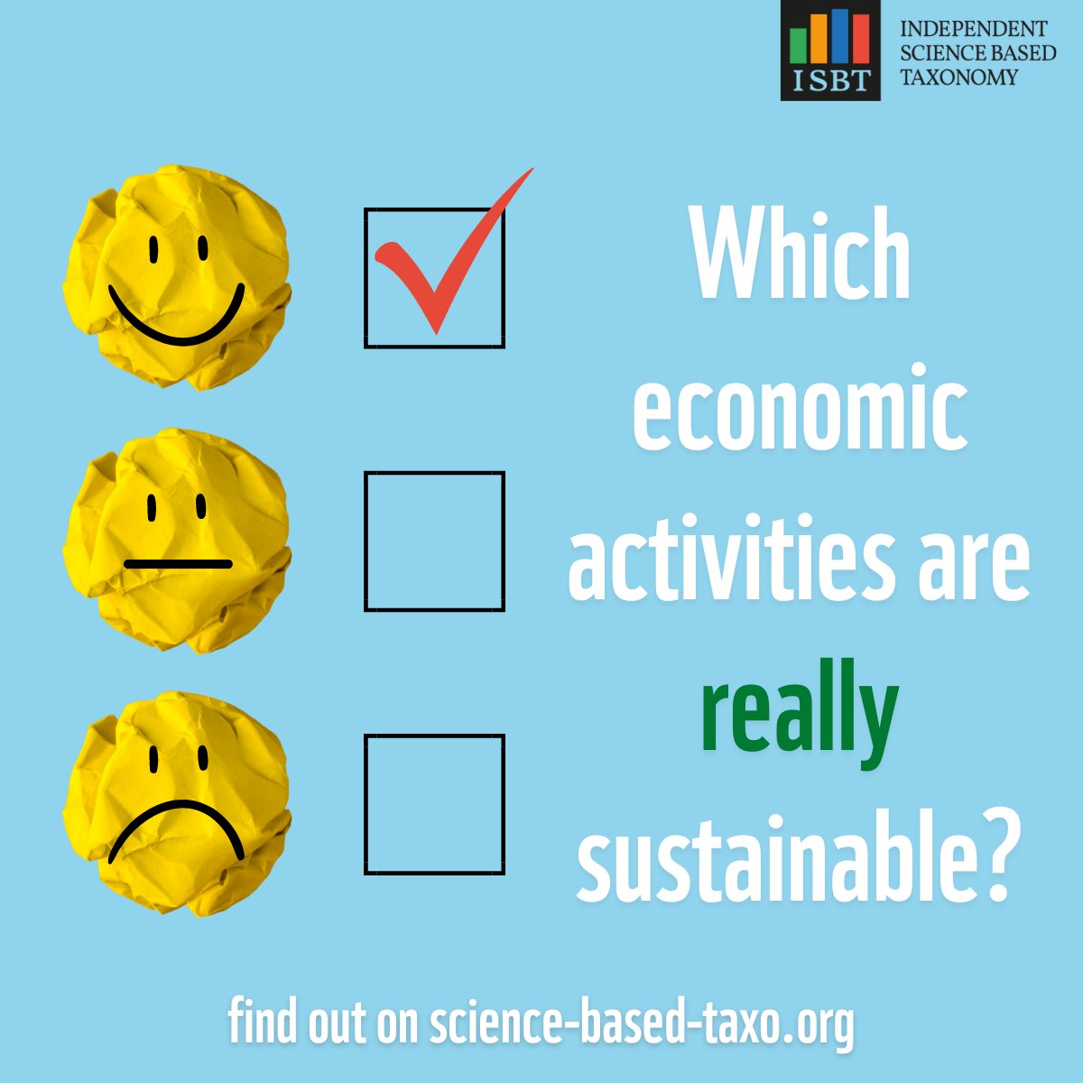 What happens when you want to ensure your activities are sustainable but greenwashing lurks around the corner? 🏭

#ISBT solves this issue by being 100% science-based and 0% influenced by lobbies! 🦸🌳

Check it out: science-based-taxo.org