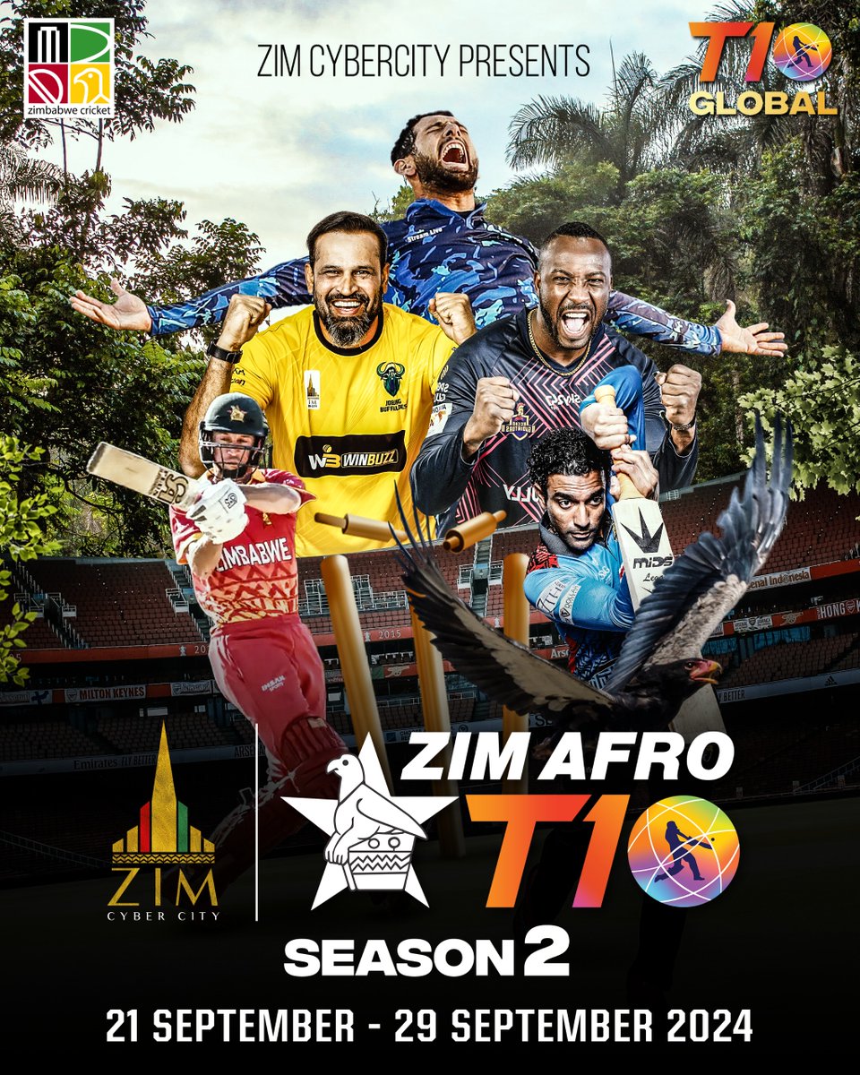 ZimAfroT10's tweet photo. The much awaited Zim Afro T10 Season 2 is back! 🔥

#CricketsFastestFormat arrives in Harare from 21 Sept to 29 Sept 2024! 🏏💥

Keep following @ZimAfroT10 for all the latest updates ⚡️

#ZimAfroT10
#T10League
#ZimCricket https://t.co/xMVkoZpksN