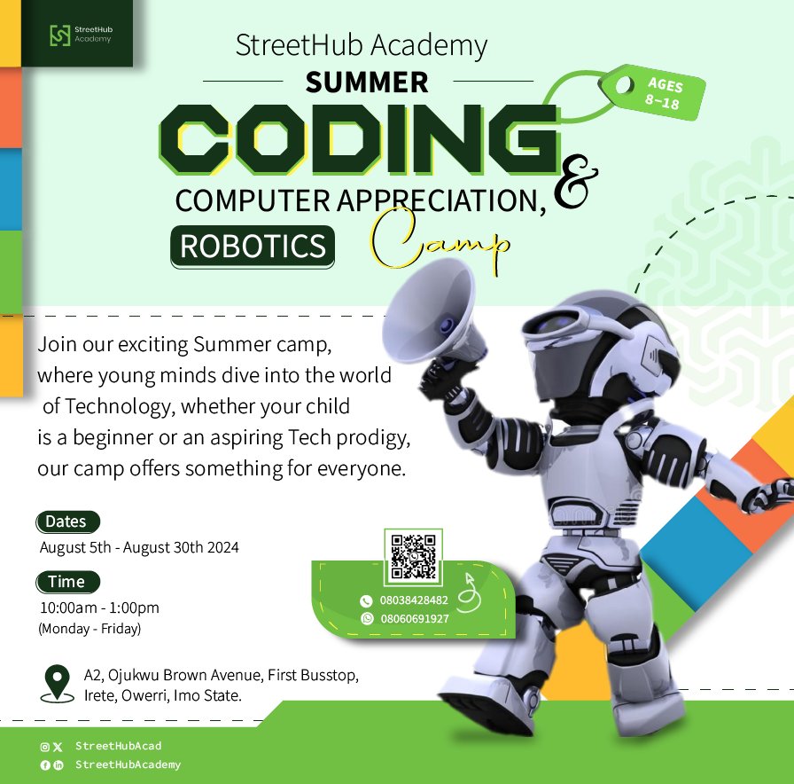 StreethubAcad's tweet image. Is your child ready to build the future?
Unlock your child's potential with our fun and educational summer camp.
#SummerCamp #CodingForKids #RoboticsCamp #TechCamp #STEMEducation #FutureInnovators #LearnToCode #KidsWhoCode #TechKids #SummerLearning #EducationalFun #YouthTech