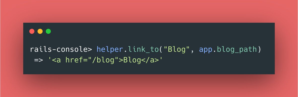 RubyCademy's tweet image. ✨ RAILS PRO TIPS ✨
Take advantage of the helper and the app objects to test your links in the rails console ✨💫
#rubyonrails #railsconsole