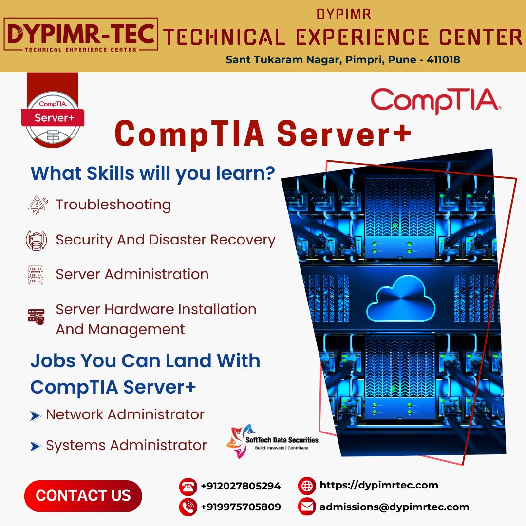 Dypimrtec's tweet image. Upgrade your server skills with our CompTIA Server+ course🖥️
Gain hands-on expertise in server hardware, software, and virtualization to keep IT infrastructure running smoothly. 💻🚀 
#CompTIAServerPlus #ServerCertification #dypimr