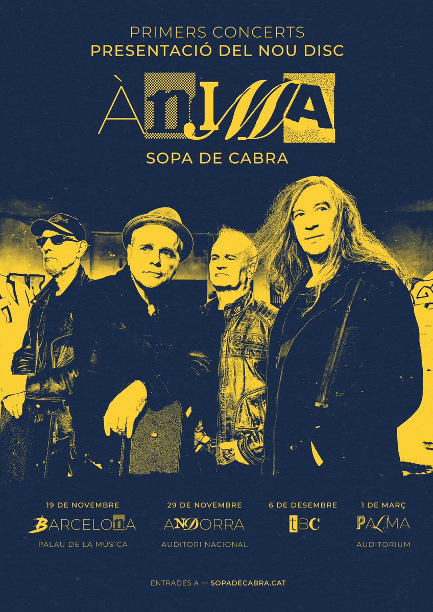 Benvolguts malparits i malparides! Ja tenim les dates de PRESENTACIÓ del NOU DISC ÀNIMA que veurà la llum el 15 de novembre!

Serà una gira de pocs concerts!

🎟️🤘Les entrades al Palau de la Música es posaran a la venda DEMÀ a les 11 del matí a sopadecabra.cat