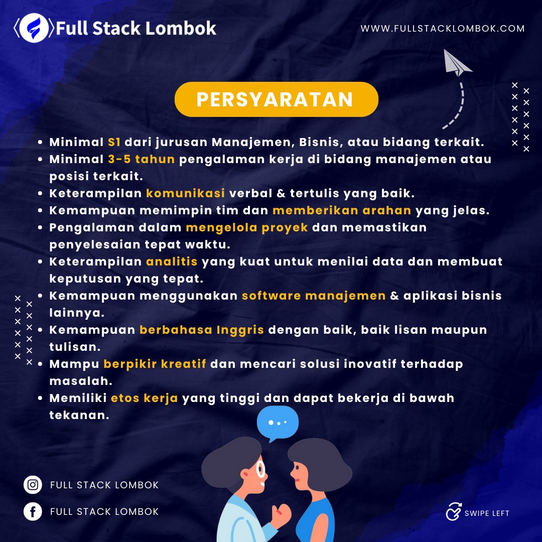 fullstacklomb0k's tweet image. Bergabunglah dengan Tim Kami sebagai Assistant Manager! 🌟

Apakah Kamu seorang pemimpin yang dinamis dengan kemampuan organisasi dan manajerial yang kuat? Kami mencari Assistant Manager yang berbakat untuk bergabung dengan tim kami di Full Stack Lombok