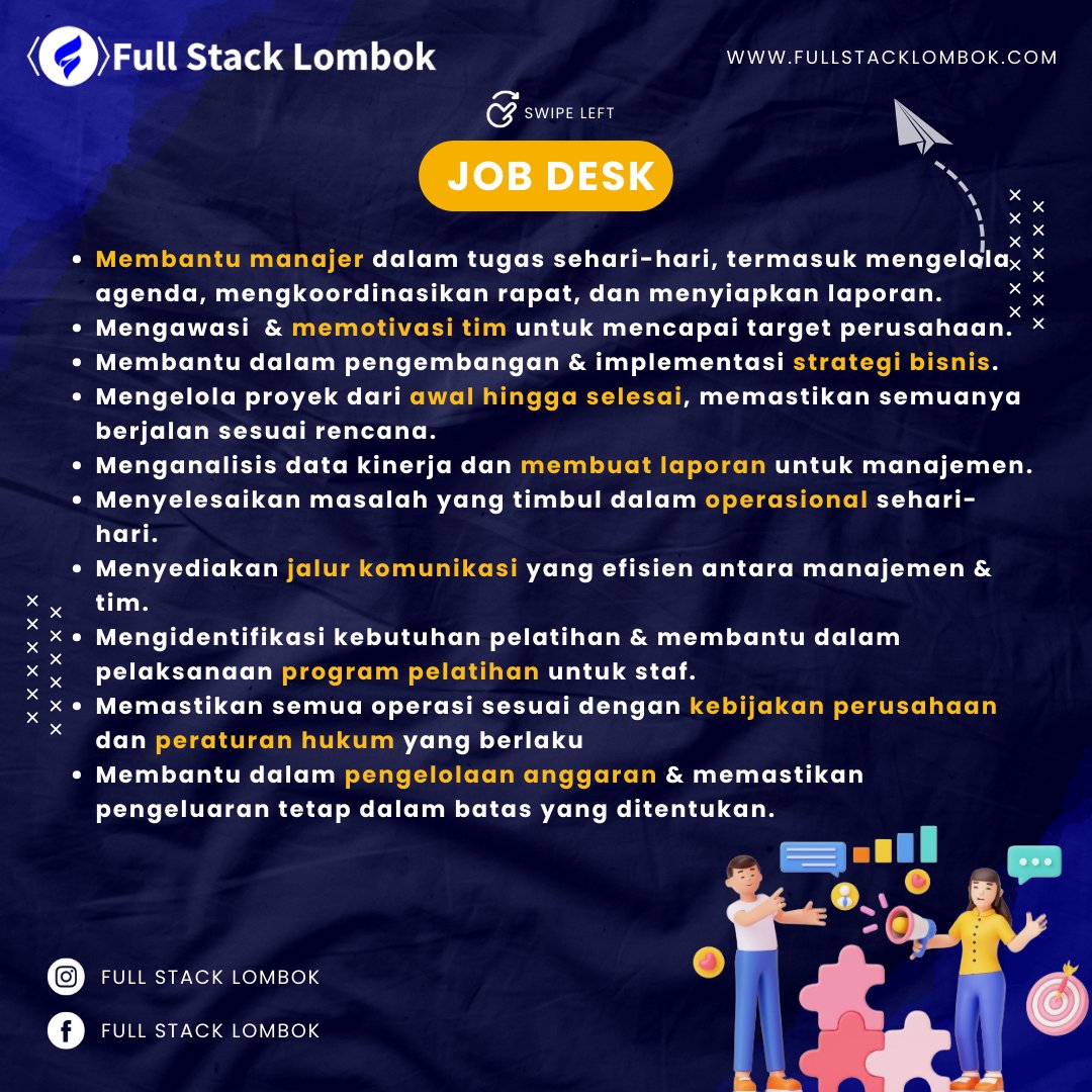 fullstacklomb0k's tweet image. Bergabunglah dengan Tim Kami sebagai Assistant Manager! 🌟

Apakah Kamu seorang pemimpin yang dinamis dengan kemampuan organisasi dan manajerial yang kuat? Kami mencari Assistant Manager yang berbakat untuk bergabung dengan tim kami di Full Stack Lombok