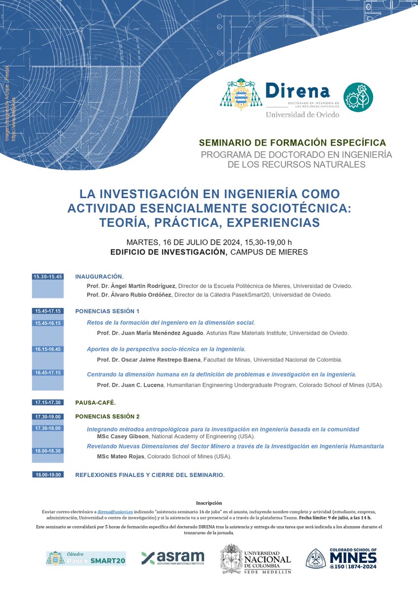 IndurotUniovi's tweet photo. 16/07 Seminarios #Direna
La investigación en ingeniería como actividad esencialmente sociotécnica.
Programa de #Doctorado en #Ingeniería de los #RecursosNaturales
Es presencial y por Teams y requiere inscripción a través del correo direna@uniovi.es
#CampusdeMieres @uniovi_info https://t.co/bJ89qPw8EC