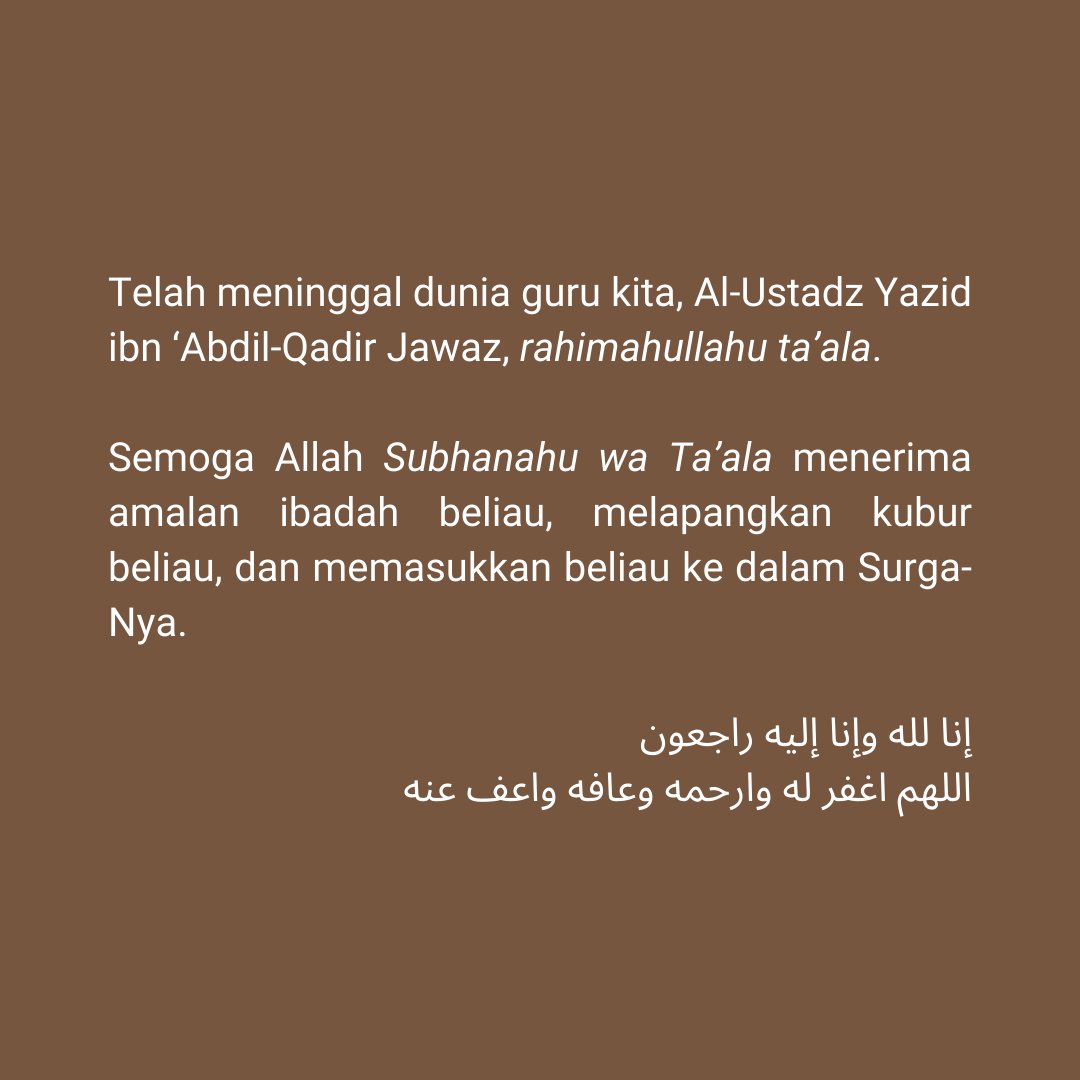 ustadzandy's tweet photo. Nabi shallallahu 'alaihi wa sallam bersabda,

إن الله لا يقبض العلم انتزاعا ينتزعه من الناس، ولكن يقبض العلم بقبض العلماء

"Sesungguhnya Allah tidak mencabut ilmu serta-merta dengan cara mencabutnya dari manusia. Tetapi ilmu itu dicabut dengan mewafatkan para ulama'." https://t.co/VvAvzfBy7m