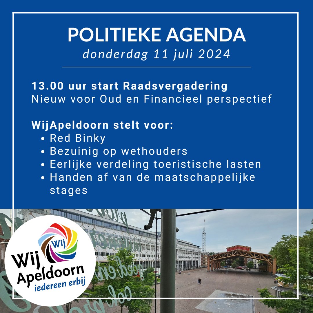 Het programma voor vandaag: om 13 uur start de raadsvergadering Nieuw voor Oud en Financieel perspectief. Ook WijApeldoorn brengt een aantal moties en amendementen in. Kijk voor meer informatie in het Raadsinformatiesysteem van gemeente Apeldoorn: apeldoorn.parlaeus.nl/app/