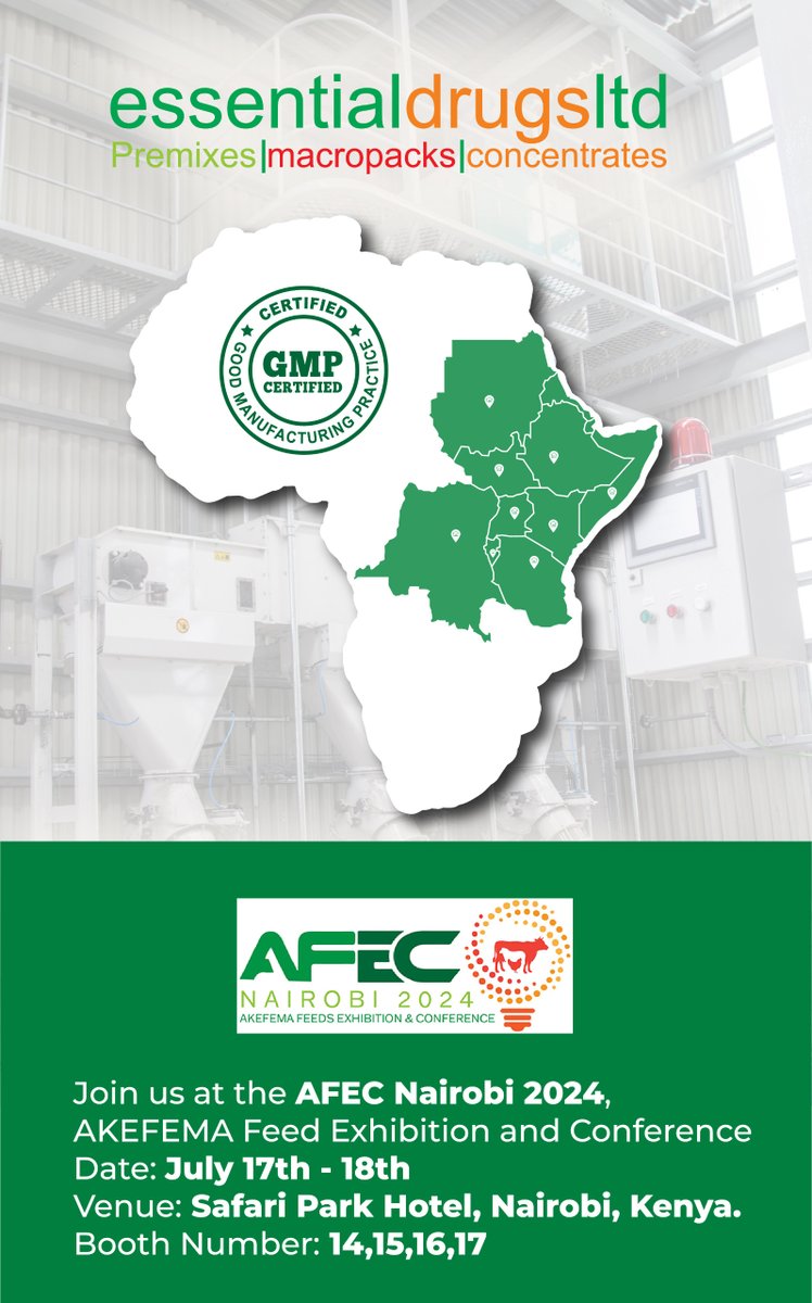 EDLKenya's tweet photo. Let's create a safer future together. See you there!
#SafeFeedForSafeFood #EDL #Premixes #Macropacks #Concentrates #AFECNAIROBI2024 https://t.co/AyDUNmg53b
