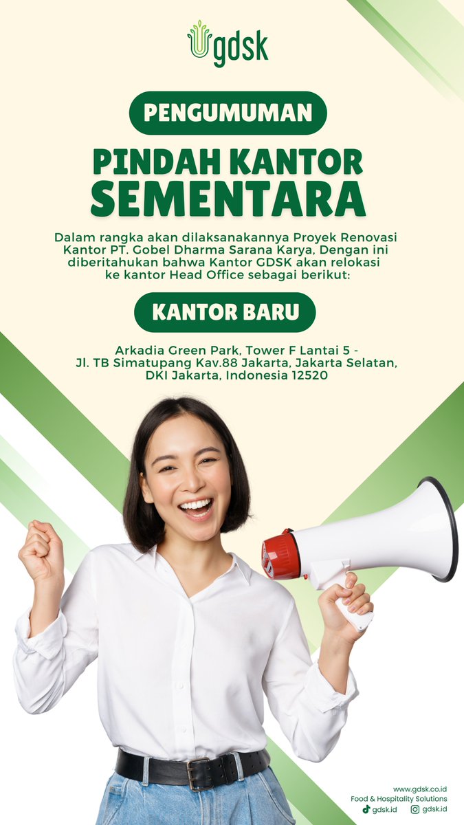 Dalam rangka Proyek Renovasi Kantor PT. Gobel Dharma Sarana Karya (GDSK), kami ingin memberitahukan bahwa kantor GDSK akan direlokasi sementara ke kantor Head Office. Berikut adalah alamat lengkapnya.