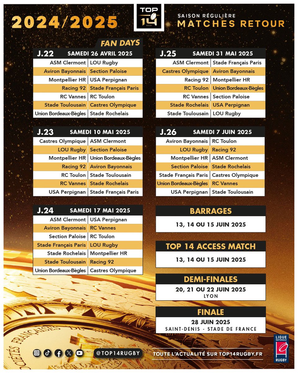 On sait que vous l’attendiez avec impatience… Découvrez le calendrier de la saison 2024/2025 de #TOP14 📅

Retrouvez les infos clés et téléchargez-le en PDF ici  👉 top14.lnr.fr/actualite/le-c…

On a hâte d’être le 7 septembre, pas vous ?