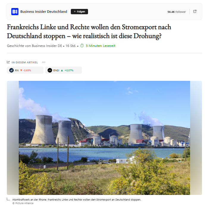 ChristophCanne's tweet photo. Kleine Überraschung aus Paris:
Nicht nur die französischen Rechten, sondern auch zumindest Teile der Linksfront fordern, die Stromexporte nach Deutschland einzuschränken.
Tja - wer sich wie Deutschland durch die ideologische Politik der Grünen vom Ausland abhängig macht, der ist dann solchen Diskussionen hilflos ausgeliefert.
https://t.co/72UBs34eb1