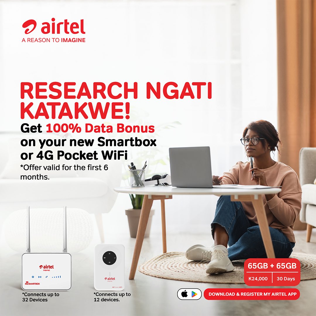AirtelMalawiPlc's tweet photo. 𝐑𝐄𝐒𝐄𝐀𝐑𝐂𝐇 𝐍𝐆𝐀𝐓𝐈 𝐊𝐀𝐓𝐀𝐊𝐖𝐄!​
​
Get 100% Data Bonus on your brand new #4GSmartBox or #4GPocketWiFi for the first 6 months.​
​
Get yours from your nearest Airtel shop. https://t.co/bsnbtjiAMS