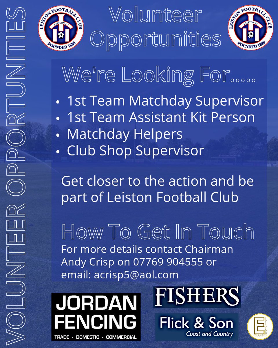 leistonfc's tweet photo. 🚨 WE NEED YOU 🚨 

Want to get closer to the action or make an impact off the pitch? 

Why not come down and volunteer and make a difference. 

⬇️ Contact Details Below ⬇️ 

#weareleiston #TheBlues https://t.co/LuIc54L0dM
