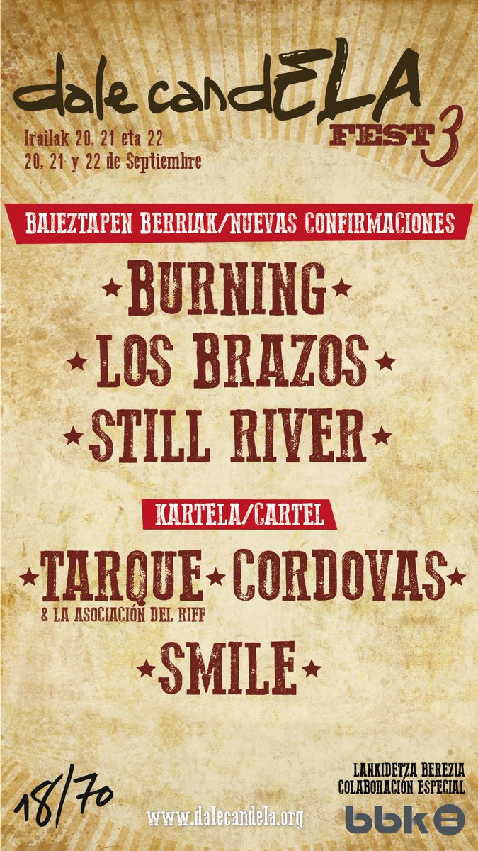 ¡ #Burning, <a href="/LosBrazos/">Los Brazos</a> y #TheStillRiver se apuntan al #DalecandELAfest junto a #Tarque <a href="/CORDOVASBAND/">Cordovas</a> y <a href="/SMILEisaband/">SMILE</a> ! 🎸🙌🏼

🤠 ¡Ven a dar candELA!
🗓️ 20, 21 y 22 de sep 
📍 Puerto Viejo de #Getxo
ℹ️ dalecandela.org 

#dalecandELA
#juntoscontralaELA 
#ELA #ALS