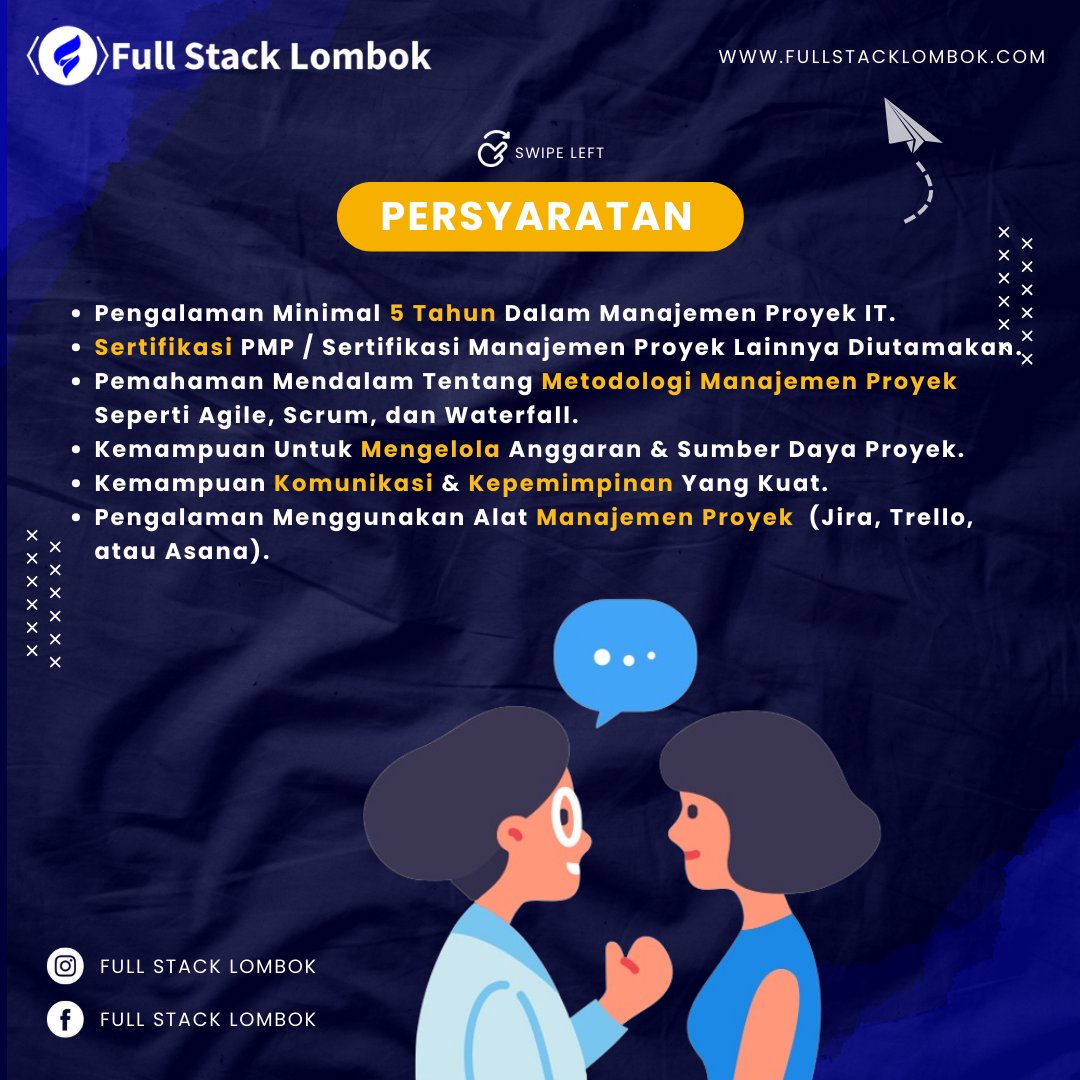 fullstacklomb0k's tweet image. Bergabunglah dengan Tim Kami sebagai Project Manager! 🌟

Apakah Anda seorang ahli dalam merencanakan, mengelola, dan menyelesaikan proyek dengan sukses? Kami mencari Project Manager berbakat untuk bergabung dengan tim kami di Full Stack Lombok!