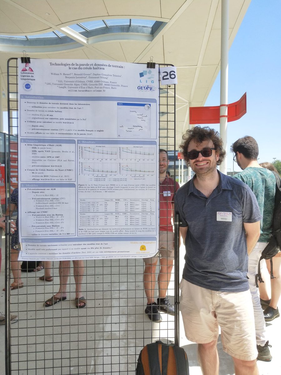 William N. Havard (@williamnhavard) on Twitter photo I had a great time yesterday presenting my poster at <a href="/JepTaln2024/">JEP-TALN2024</a> on designing speech processing models for Haitian Creole using *only* fieldwork recordings! I had a great time yesterday presenting my poster at <a href="/JepTaln2024/">JEP-TALN2024</a> on designing speech processing models for Haitian Creole using *only* fieldwork recordings!