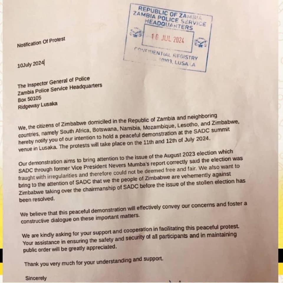 In Lusaka , Zimbabweans based in Zambia have engaged the Zambian Police to protests the upcoming SADC Summit. They believe their current President is not fit to be Chairman of SADC !!!