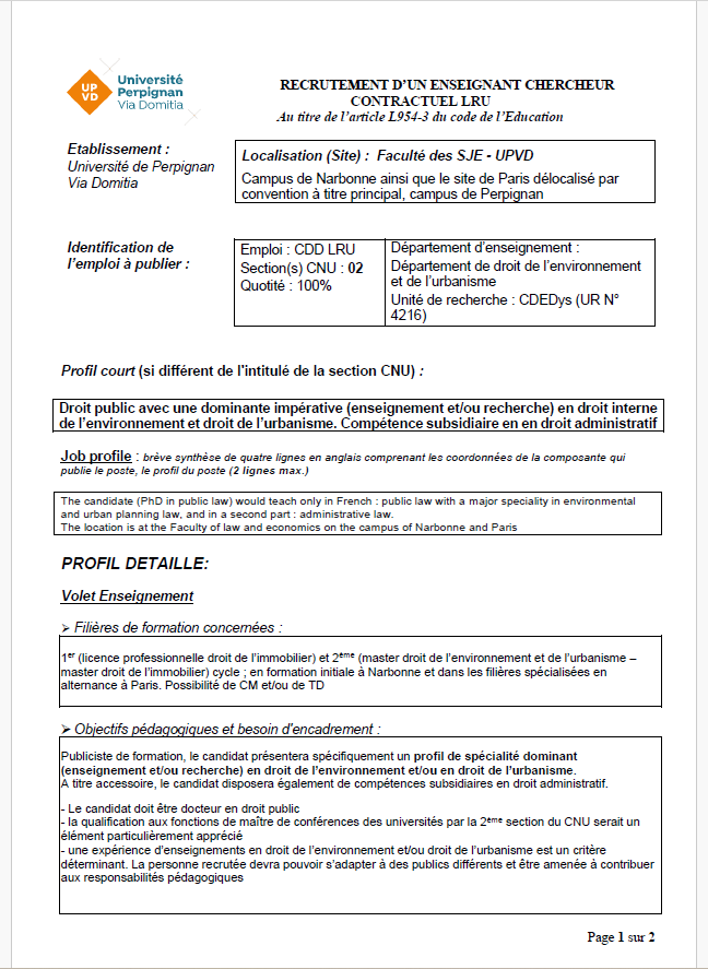 ragimbeau's tweet photo. L'UFR des Sciences Juridiques et Economiques de l'@upvd1  recrute un enseignant-chercheur contractuel LRU en droit public pour la rentrée 2024. Le profil recherché est celui d'un(e) publiciste avec une dominante en droit interne de l'environnement et en droit de l'urbanisme. https://t.co/UjhMzbRhHu