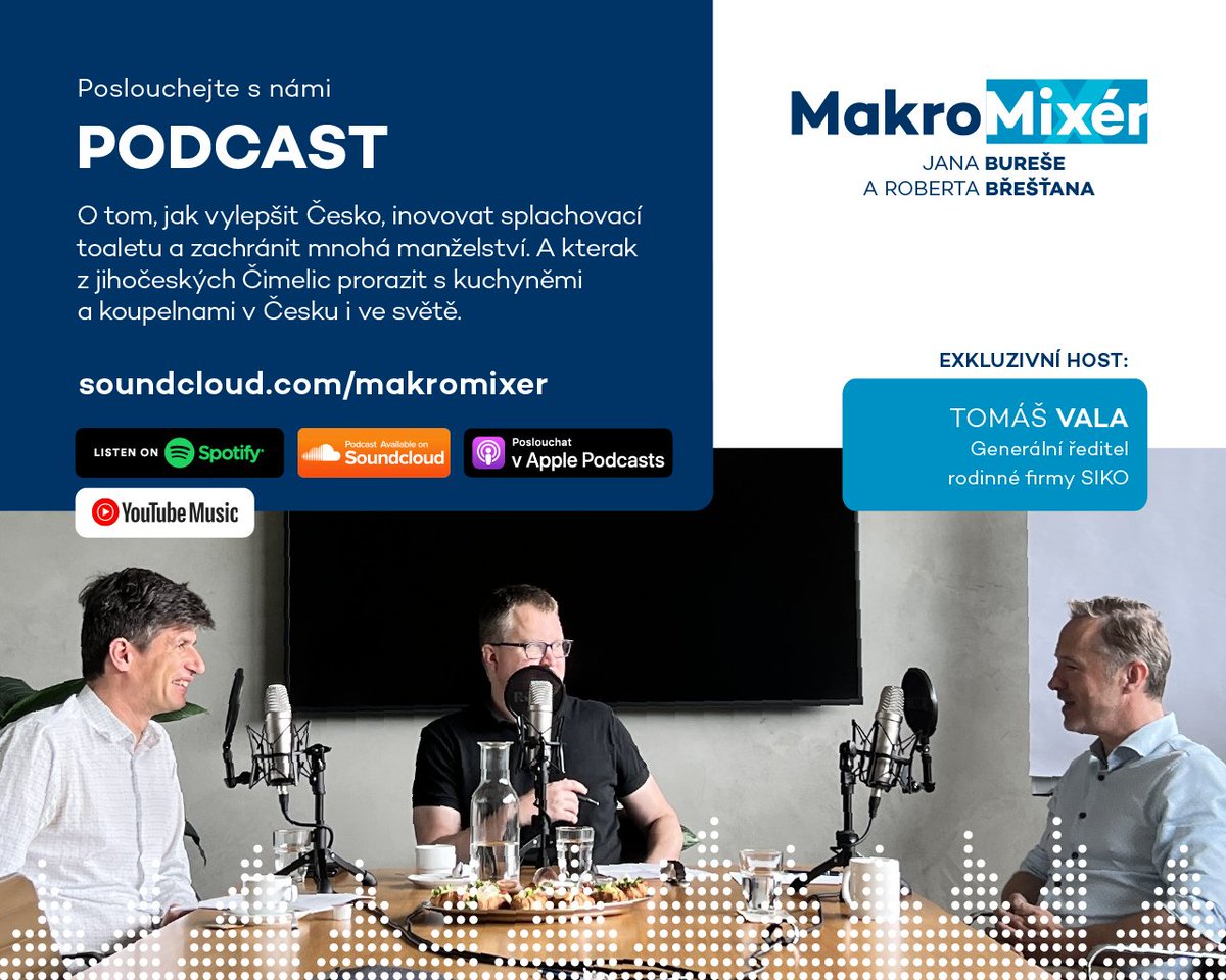 Jak vylepšit Česko či inovovat splachovací toaletu? A jak z Čimelic prorazit s kuchyněmi a koupelnami v Česku i ve světě?
Nový #MakroMixér s <a href="/BuresHonza/">Jan Bures</a> a <a href="/brestan/">Robert Brestan</a>. Hostem je Tomáš Vala, CEO rodinné firmy #SIKO.
🎧open.spotify.com/episode/7KaoKa…