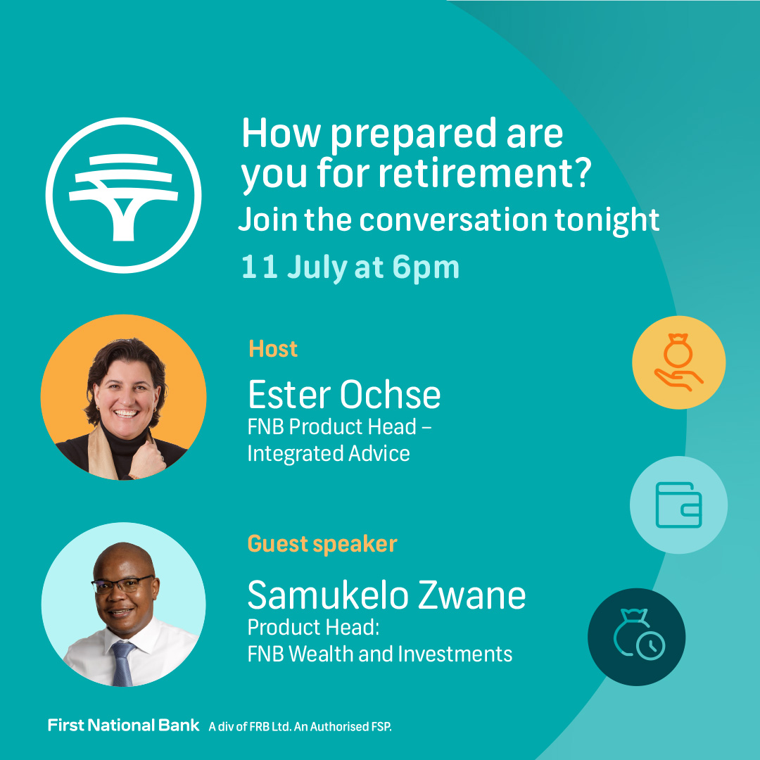 👇Set your reminders for tonight’s #FNBSpaces where we discuss how you can set yourself up for a comfortable retirement. 

#Retirement #LoveFNB